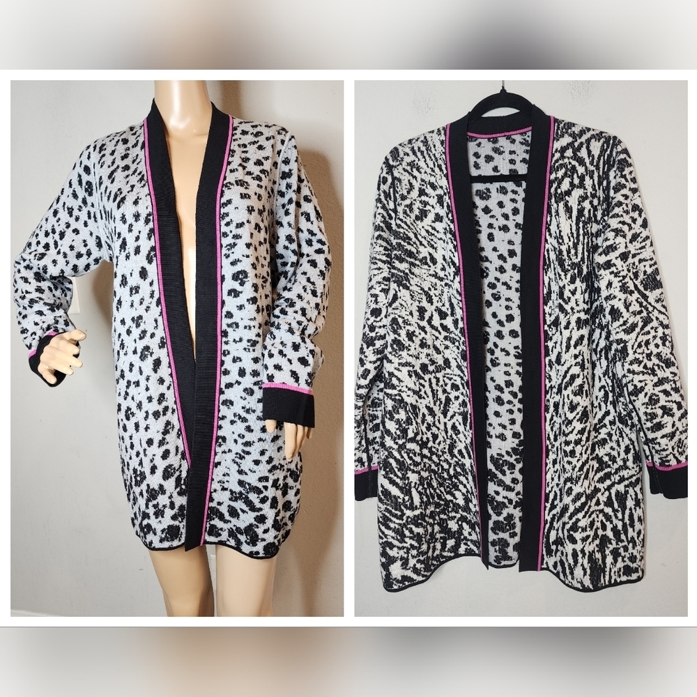 NWT NIC+ZOE Reversible Sweater Cardigan. Black grey animal print. Size large.